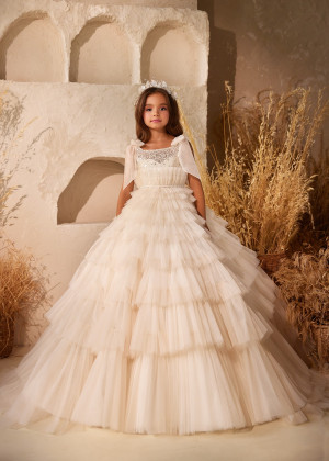 Beaded Lace Tulle Ruffled Flower Girl Dress